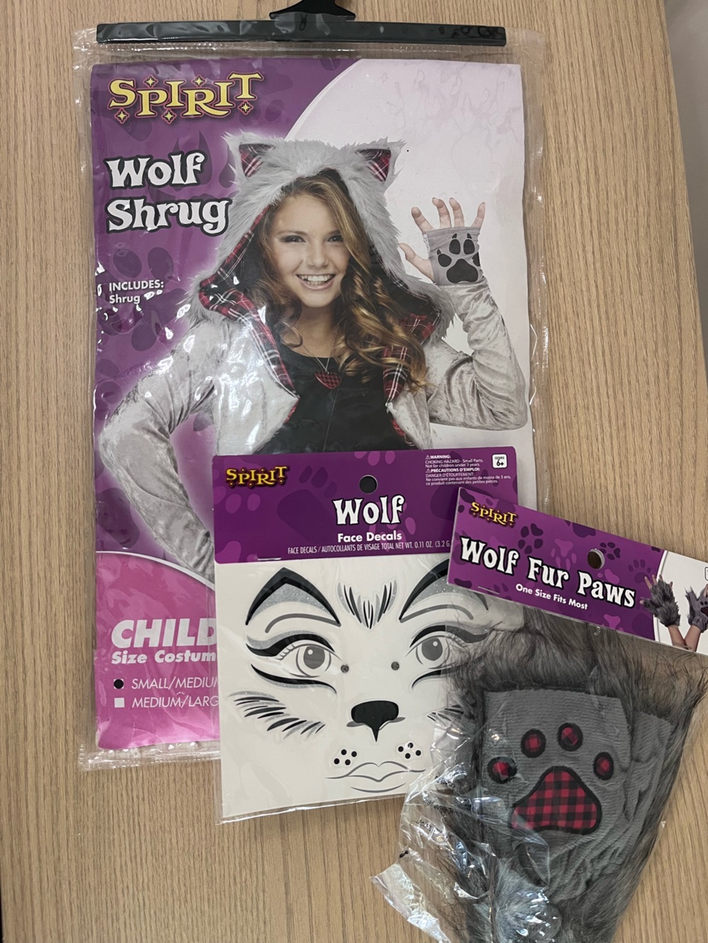 Kids Wolf Costume Set - Shrug Paws Face Decals Size Child 4-8 NIP